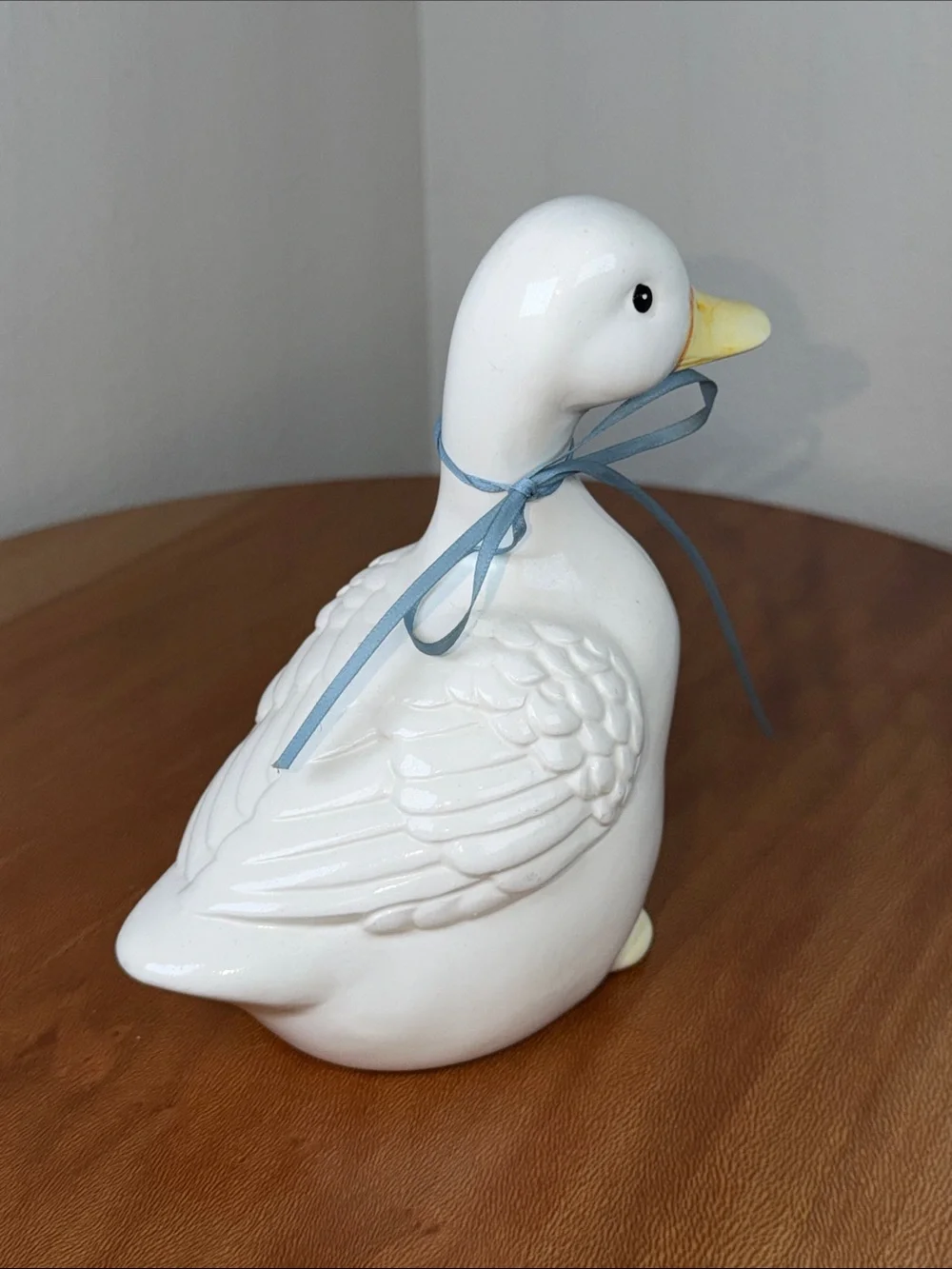 Vintage Hand Crafted Hand Made Ceramic Duck White Yellow Blue Bow Farmhouse